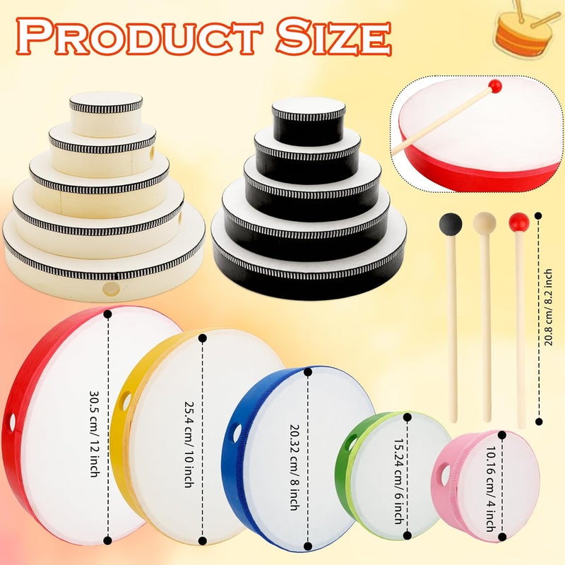 Norcoin 15 Set Hand Drums 12 Inch 10 Inch 8 Inch 6 Inch 4 Inch Wood Frame Drum Set with Drum Sticks Percussion Instruments for Kids Adults Beginners Home School Party Gifts, 5 Size 3 Colors - Image 2